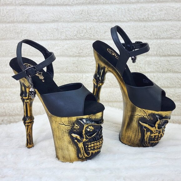 Gold / Brass Skull & Bones Red LED Platform 8" Heels Pole Shoes Vortex - Picture 5 of 14